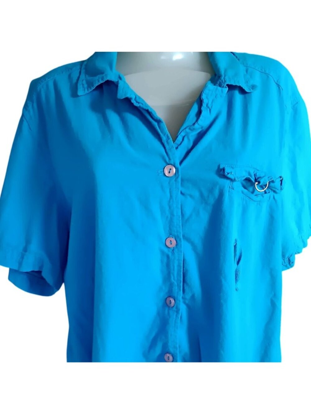 Mom Top 1X Women's Vintage Erika Turquoise Button-Down Cotton 1990's